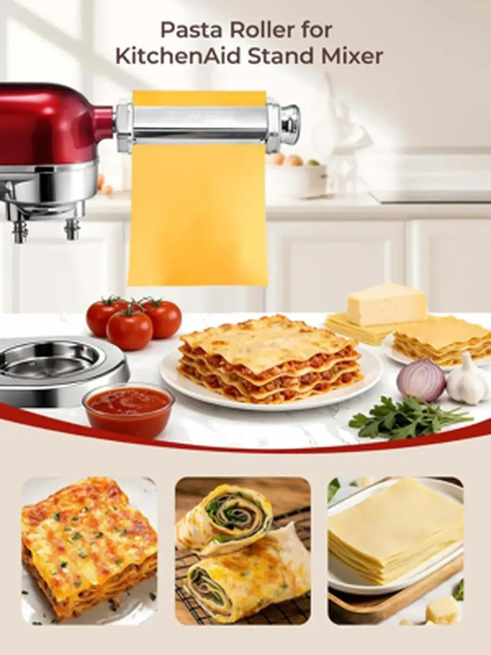 Pasta Roller Attachment for Kitchenaid Stand Mixer, Adjustable Thickness, Pasta